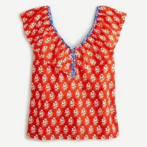 NWT J Crew Orange Classic Block Floral Print Ruffle V Neck Top